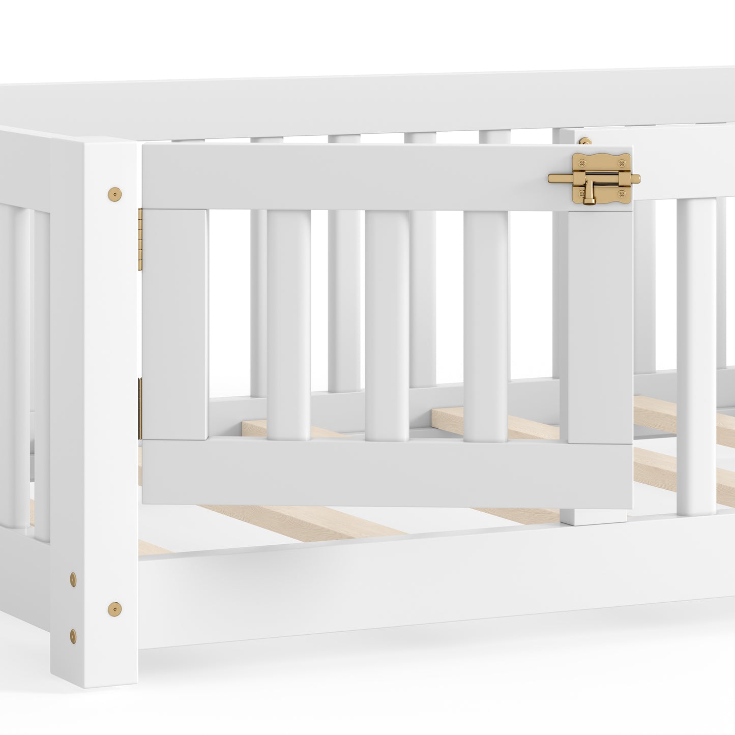 variant-group:rf-w1580p462311|Roomfitters Twin Size Wooden Floor Bed Frame with Safety Guardrails Door, Solid Wood Low Profile Toddler Play Bed, White