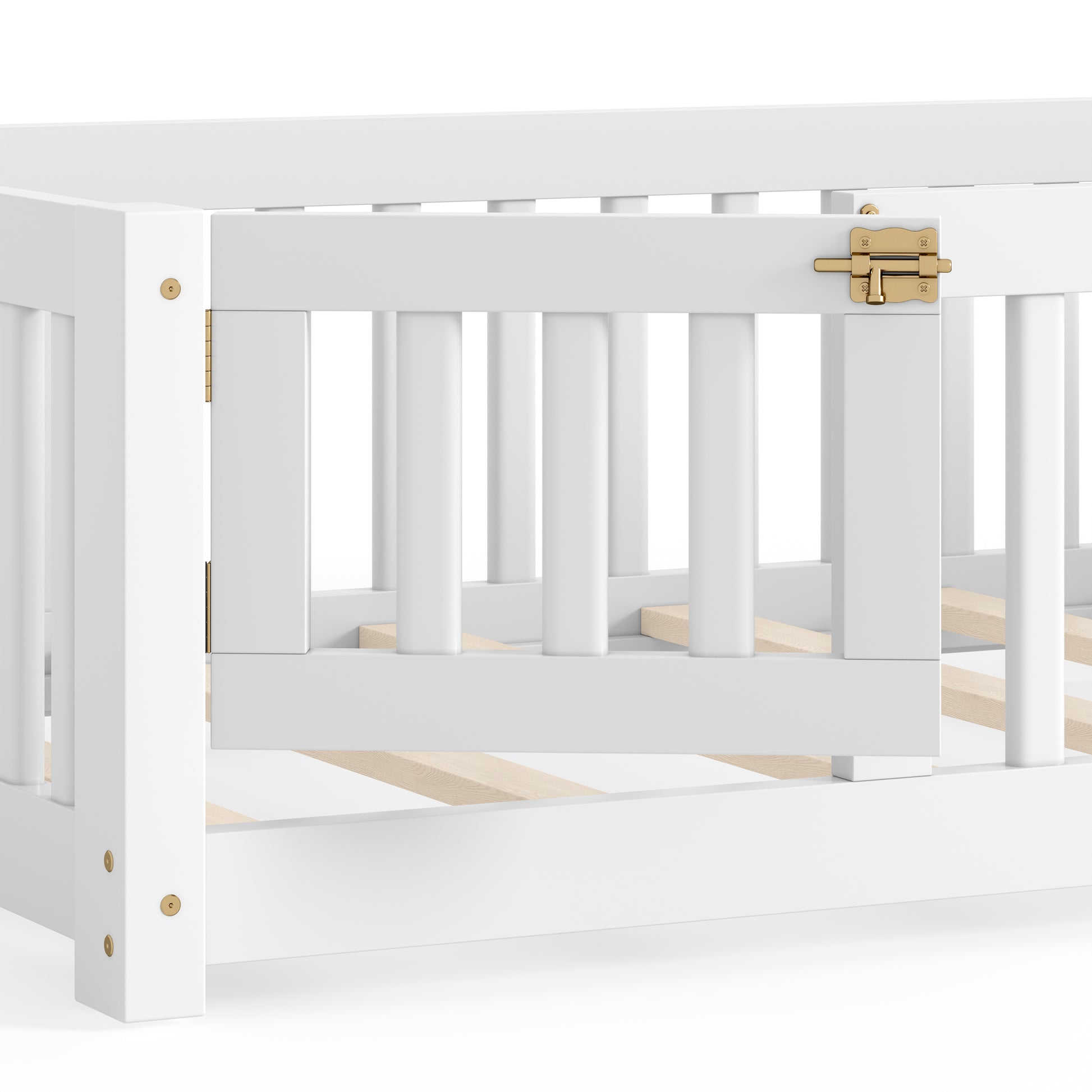 variant-group:rf-w1580p462311|Roomfitters Twin Size Wooden Floor Bed Frame with Safety Guardrails Door, Solid Wood Low Profile Toddler Play Bed, White