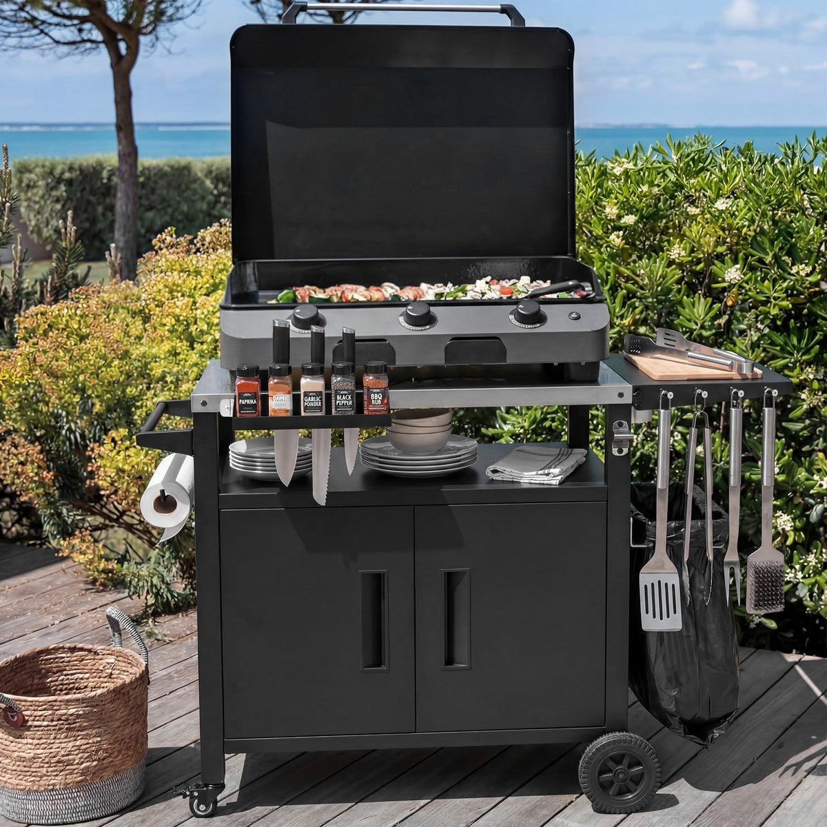 Roomfitters Grill Cart with Stainless Steel Top, Outdoor Kitchen Island, BBQ Prep Station with Trash Bag Holder and Hooks, Black