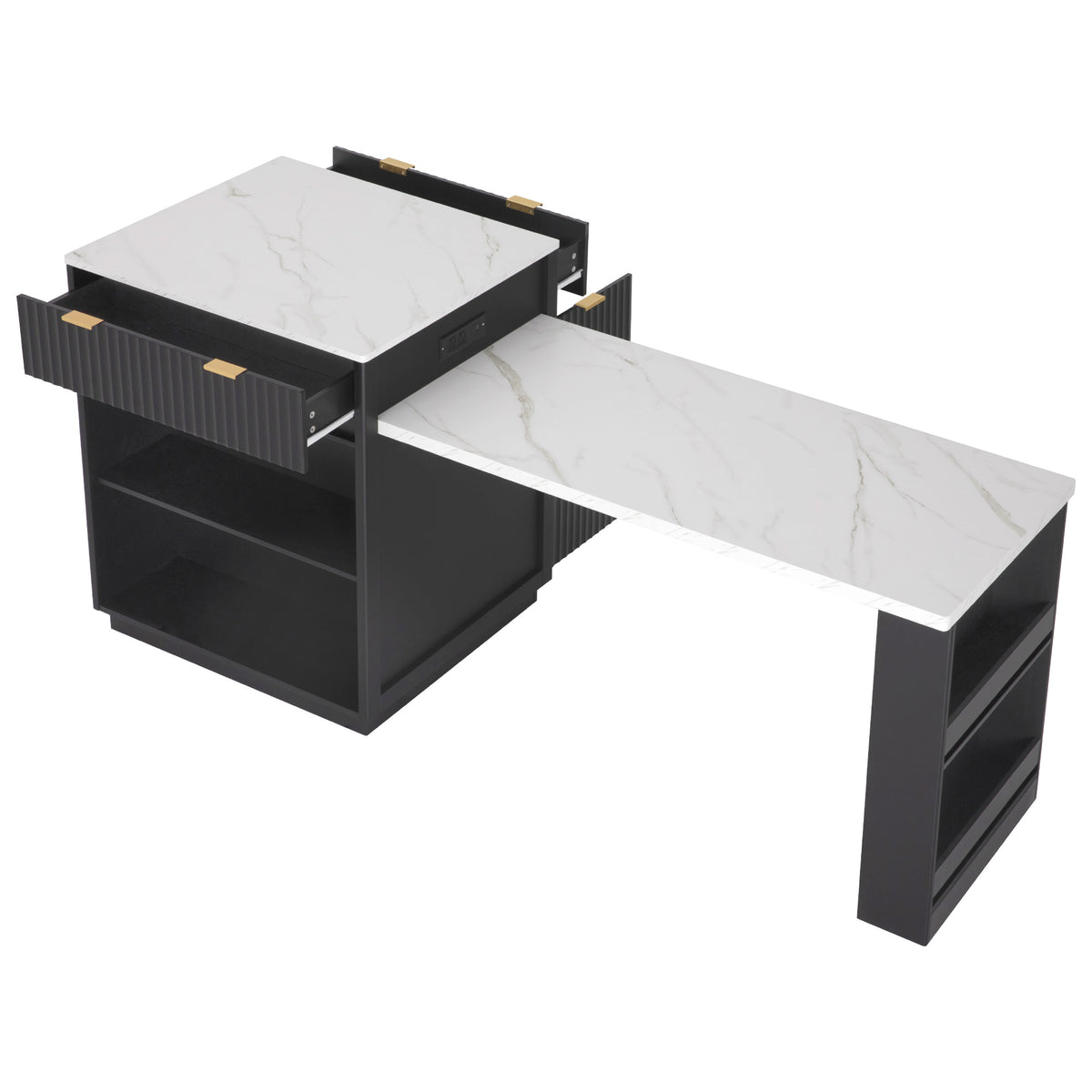 variant-group:rf-n707s000018b|Roomfitters 82.6" Fluted Kitchen Island with 51" Extendable Dining Table for 4-6, Power Outlet, Black