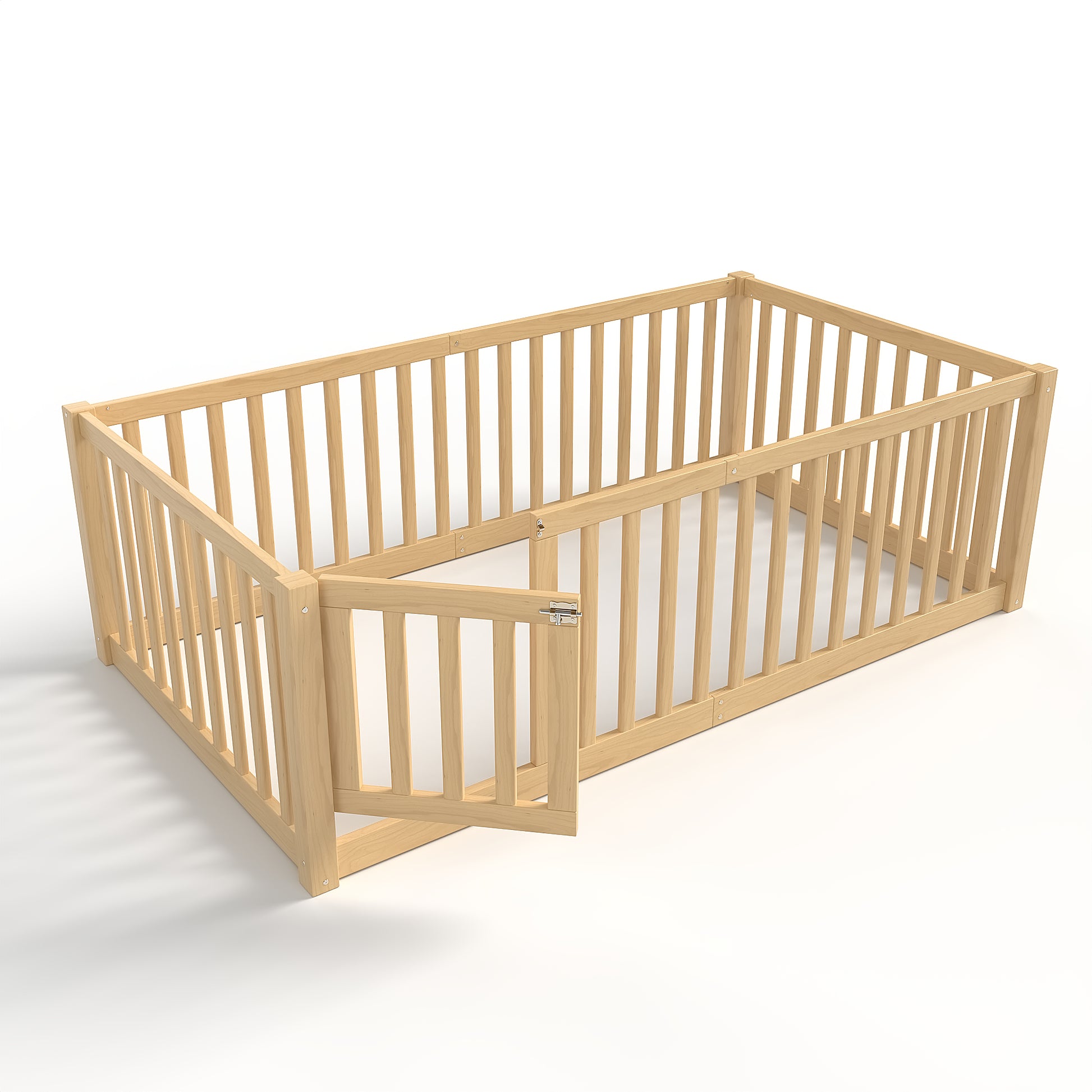 variant-group:rf-w1580p417669|Roomfitters Twin Size Wooden Floor Bed with Safety Guardrails Door, Solid Wood Low Profile Toddler Bed Frame, Natural