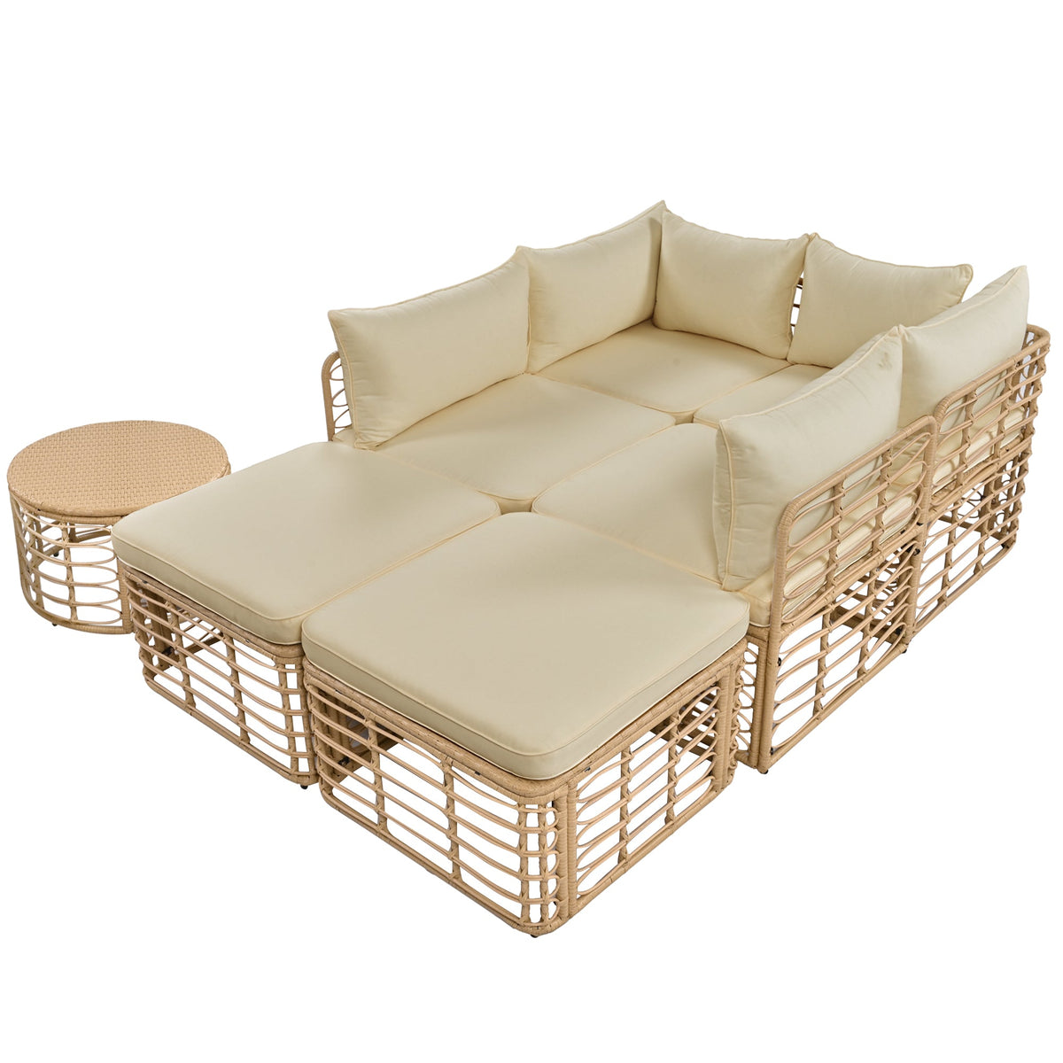 Roomfitters 7-Piece Contemporary Hollow-Woven Rattan Sectional Sofa Set with Round Coffee Table Brown Roomfitters