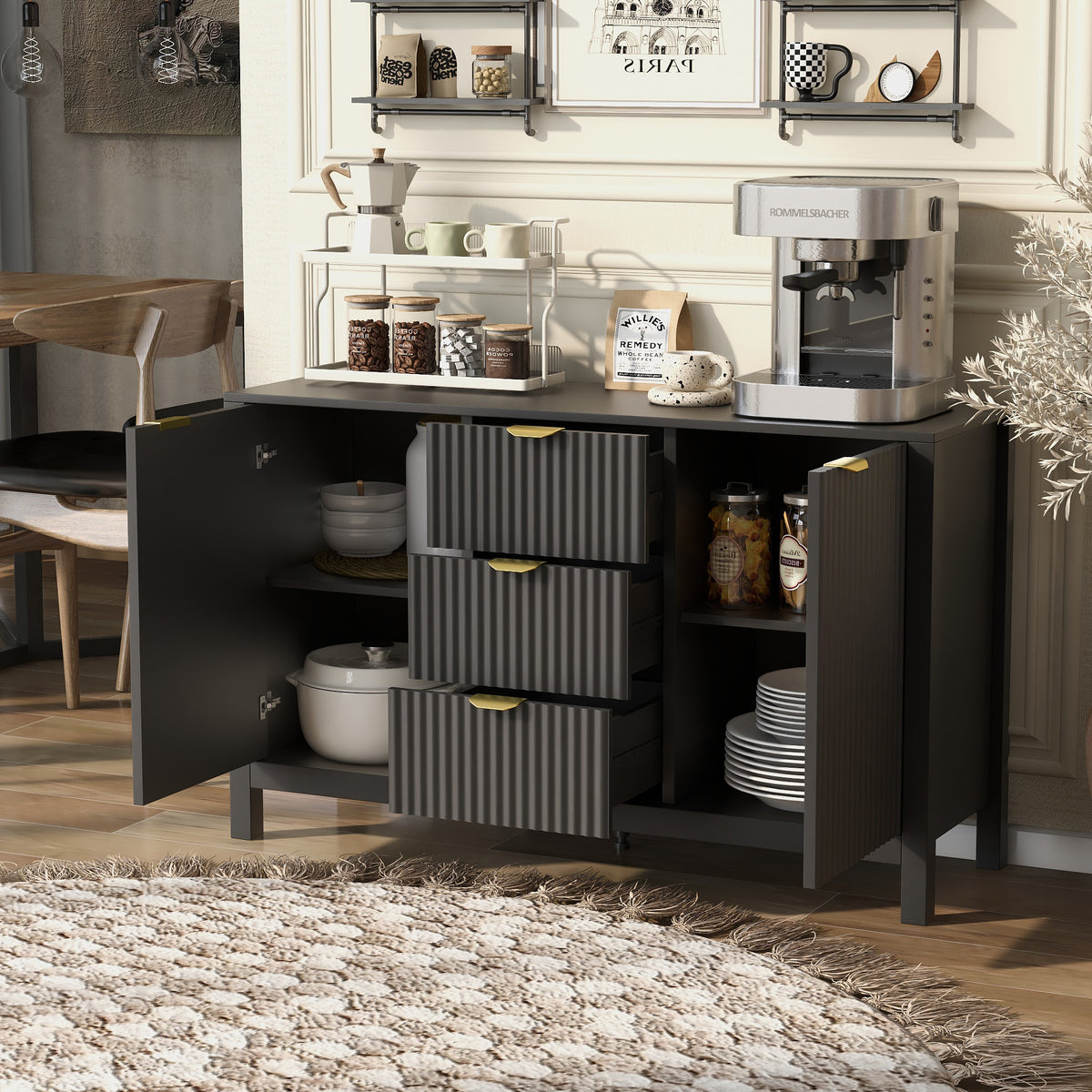variant-group:rf-n711wy000539aak|Roomfitters Modern White Fluted 4-Door Tall Wine Bar Storage Cabinet, Glass Display Rack, Built-In LED Lighting