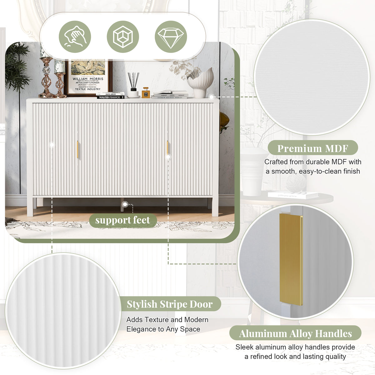 variant-group:rf-n711p345170k|Roomfitters 57.5" Sideboard Buffet Cabinet with 3 Door Mid-century Modern Fluted Storage for Kitchen & Dining Room, White