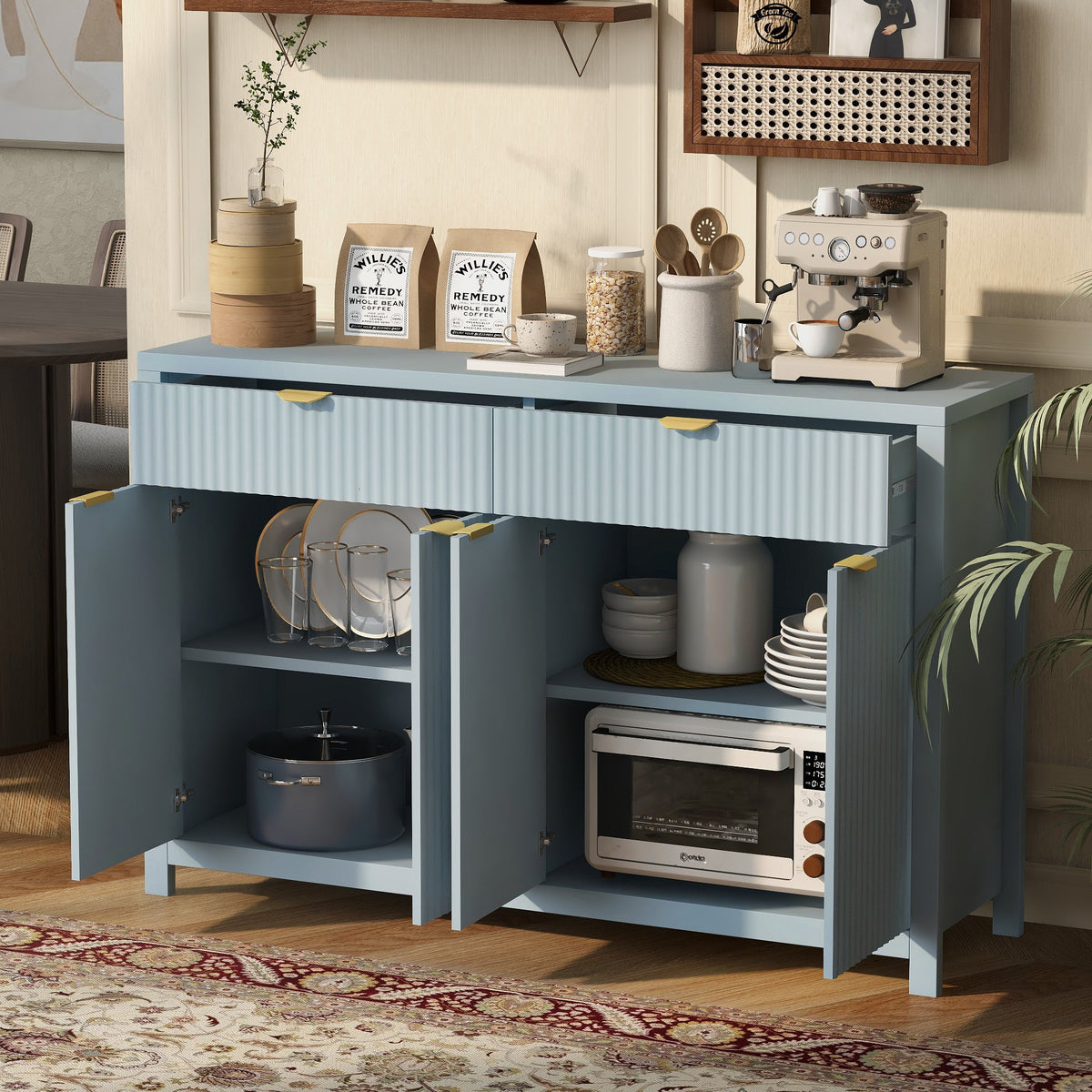 Roomfitters Sideboard Buffet Cabinet with 2 Drawers, 4 Door Mid-century Modern Fluted Storage for Kitchen & Dining Room, Cyan Roomfitters