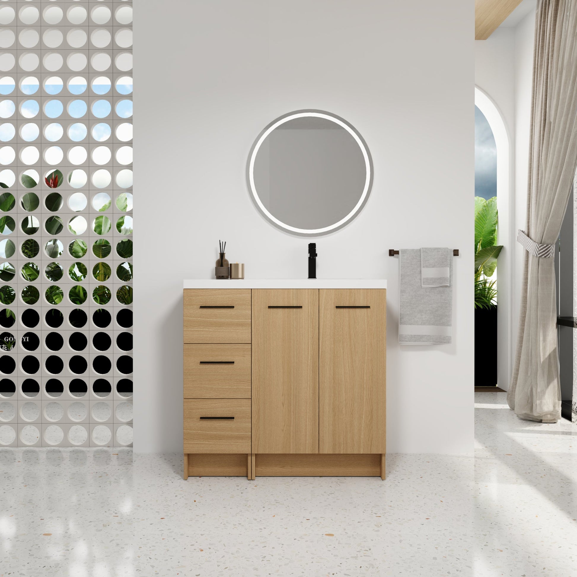 36" Modular Freestanding Bathroom Vanity with 36" Resin Sink Top, Light Oak, 2-Piece Cabinet (24" 2-Door + 12" 3-Drawer), KD Cabinet, Includes Black & Brushed Aluminum Handles Roomfitters