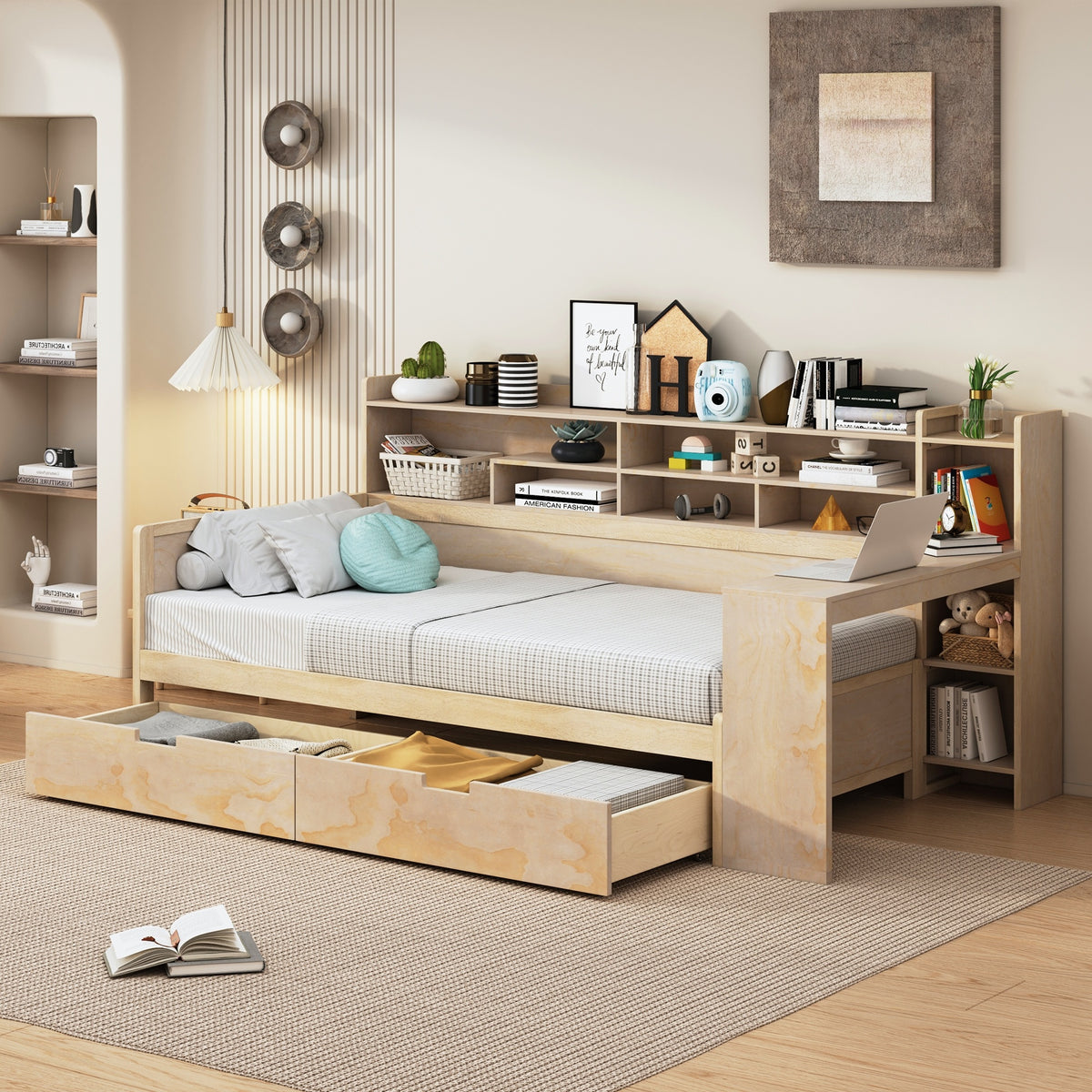variant-group:rf-n733s241484m|Roomfitters Wooden Twin Size Daybed with Storage Shelves, Multi-functional Bed with Two Storage Compartments and Study Desk, Natural