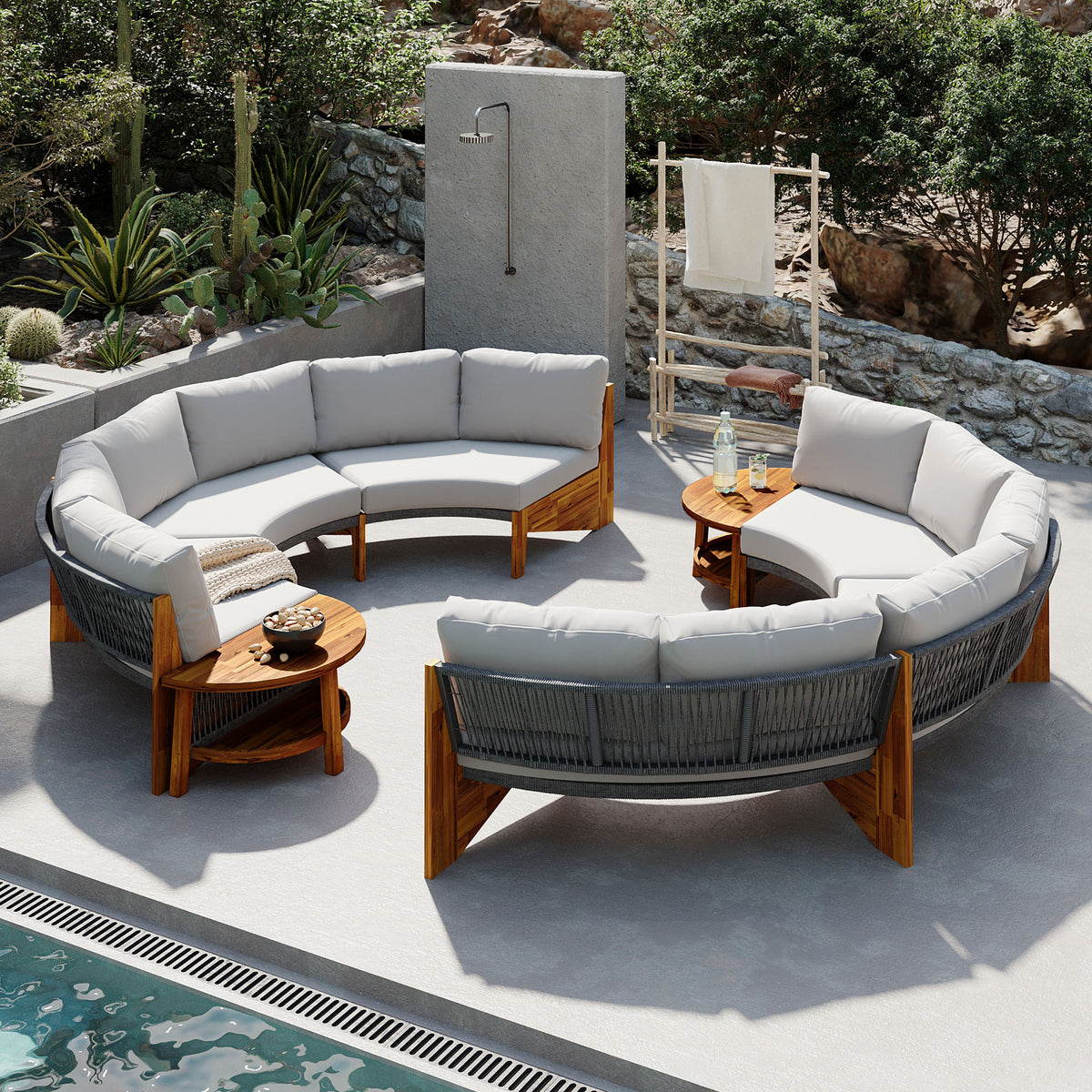 variant-group:rf-n711wy000468aae|Roomfitters 3-Piece Outdoor Sofa Set for 6, Half-Moon Patio Conversation Set, Grey Cushions, Rope Woven Steel Sectional