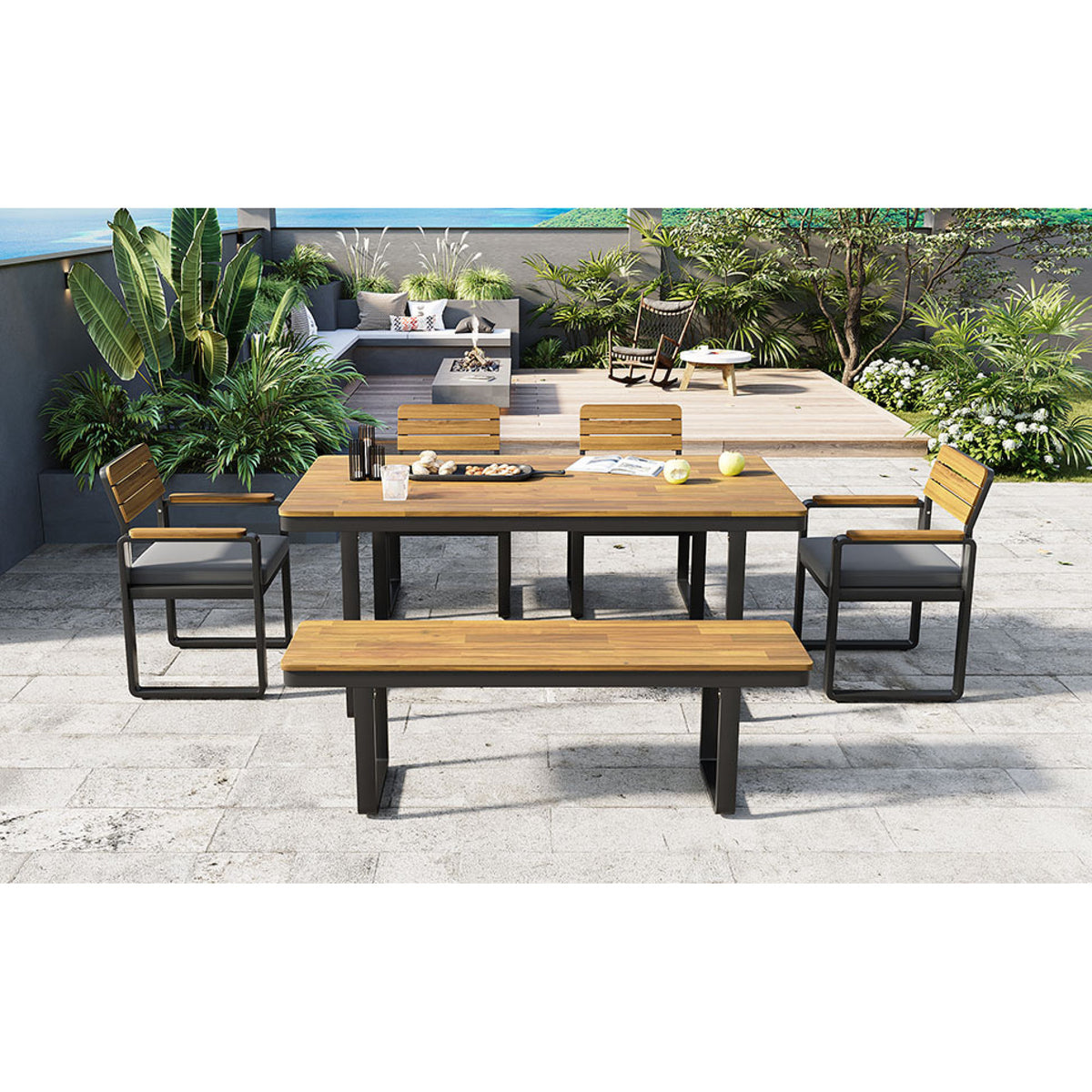 variant-group:rf-n704g201255e|Roomfitters 6-Piece Solid Acacia Wood Patio Dining Set with Steel Frames and Cushion Chairs Gray