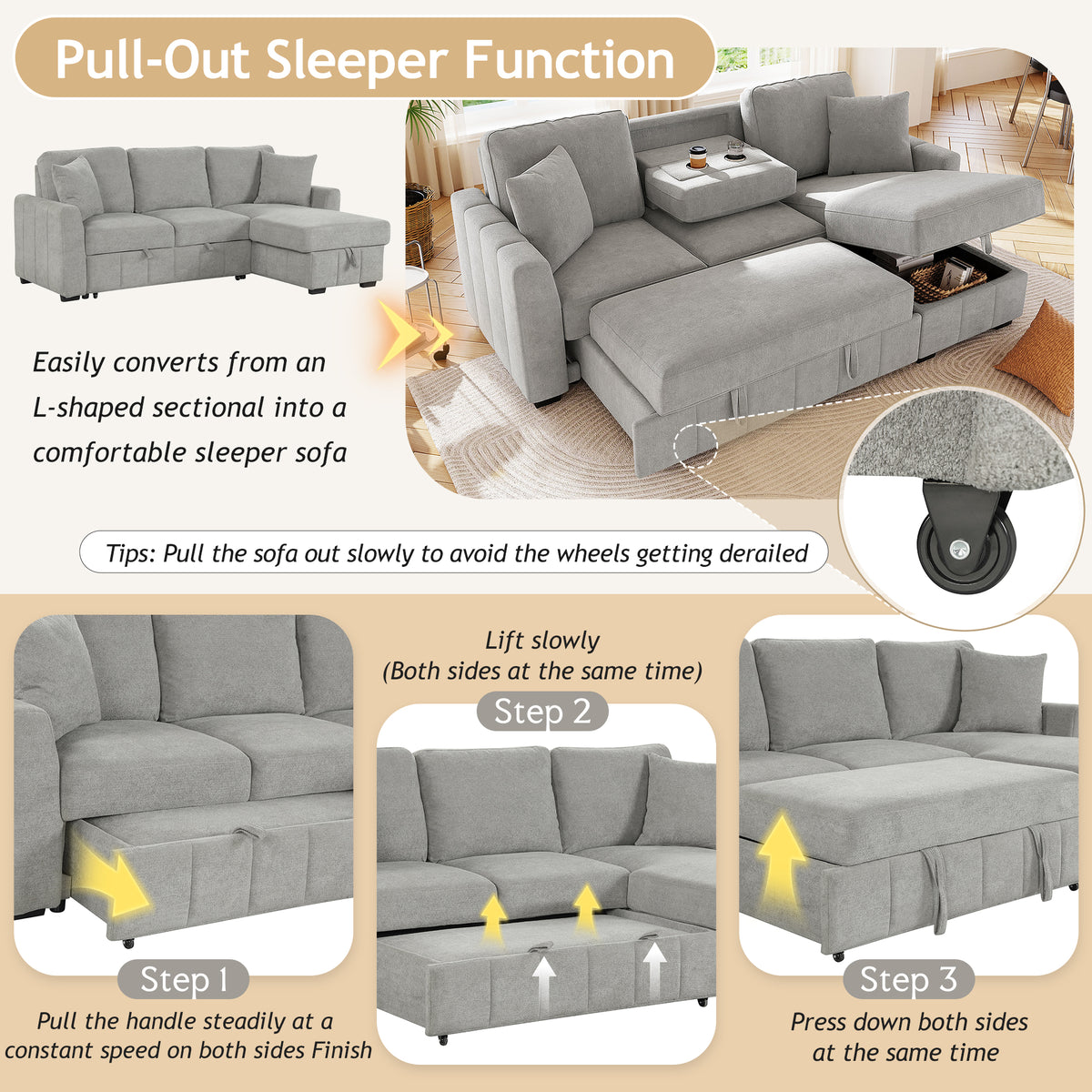 variant-group:rf-n711wy000467aae|Roomfitters 90" L-Shaped Sectional Sleeper Sofa with Storage Chaise and Pull Out Bed, Fold Down Cup Holder Table, Grey