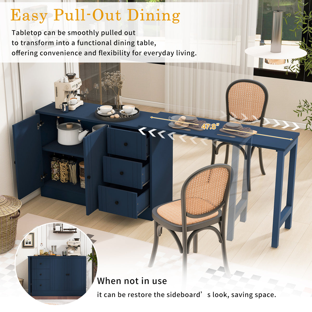 variant-group:rf-n711p334768v|Roomfitters Extendable Sideboard Buffet Cabinet with Storage, Multifunctional Console Table for Dining Room, Navy Blue