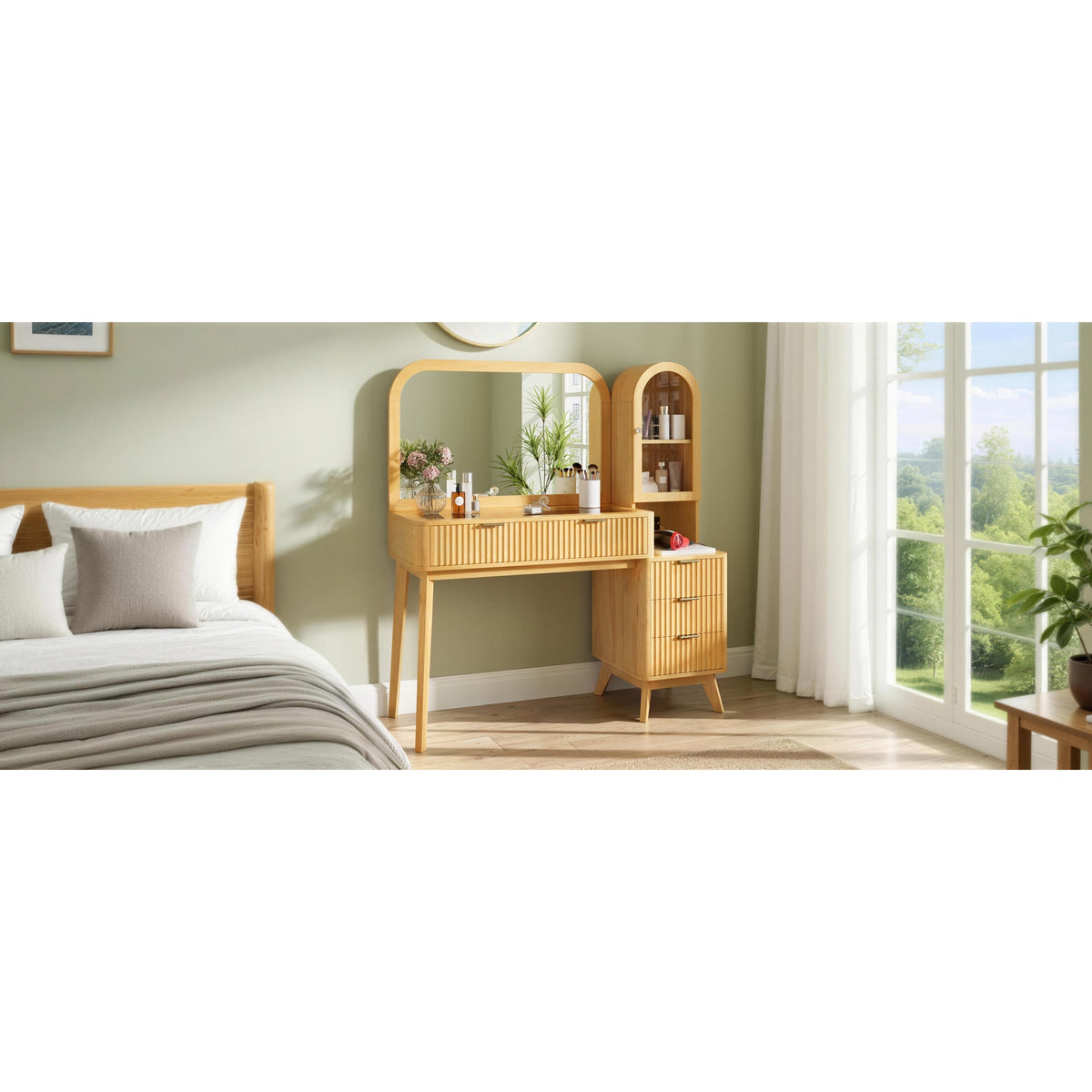 Roomfitters 48-Inch Fluted Makeup Vanity Desk with Arched Tower Glass Cabinet and Built-In Power Charging Station Natural Roomfitters