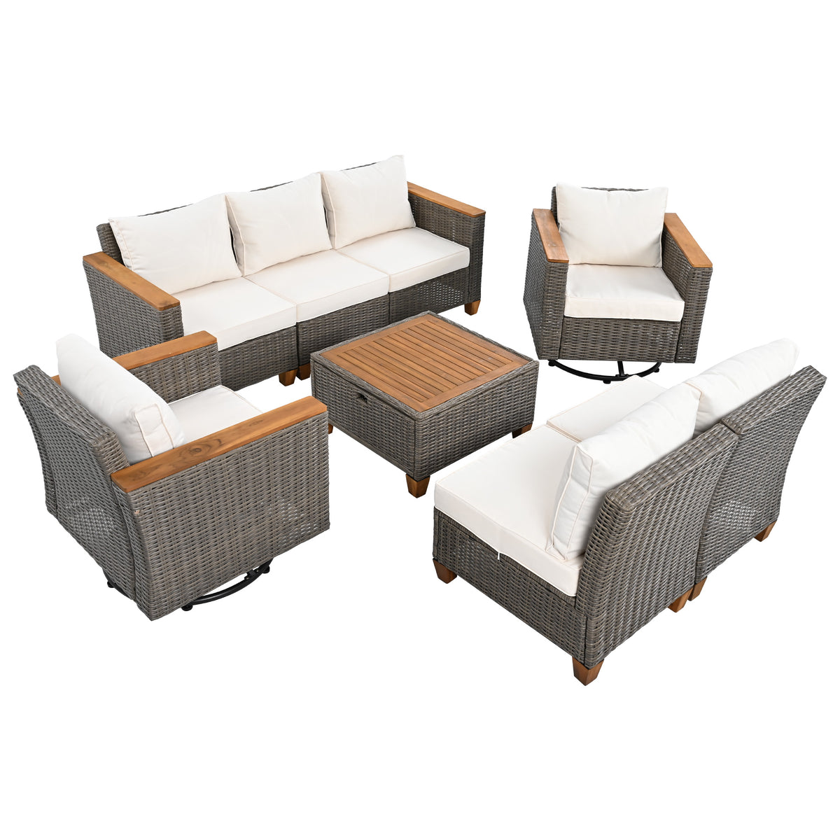 variant-group:rf-n707s005016z|Roomfitters 8-Piece Patio Furniture Set with 360 Swivel Rocker Chairs, Modular Outdoor Sectional Sofa & Table, Beige+Brown