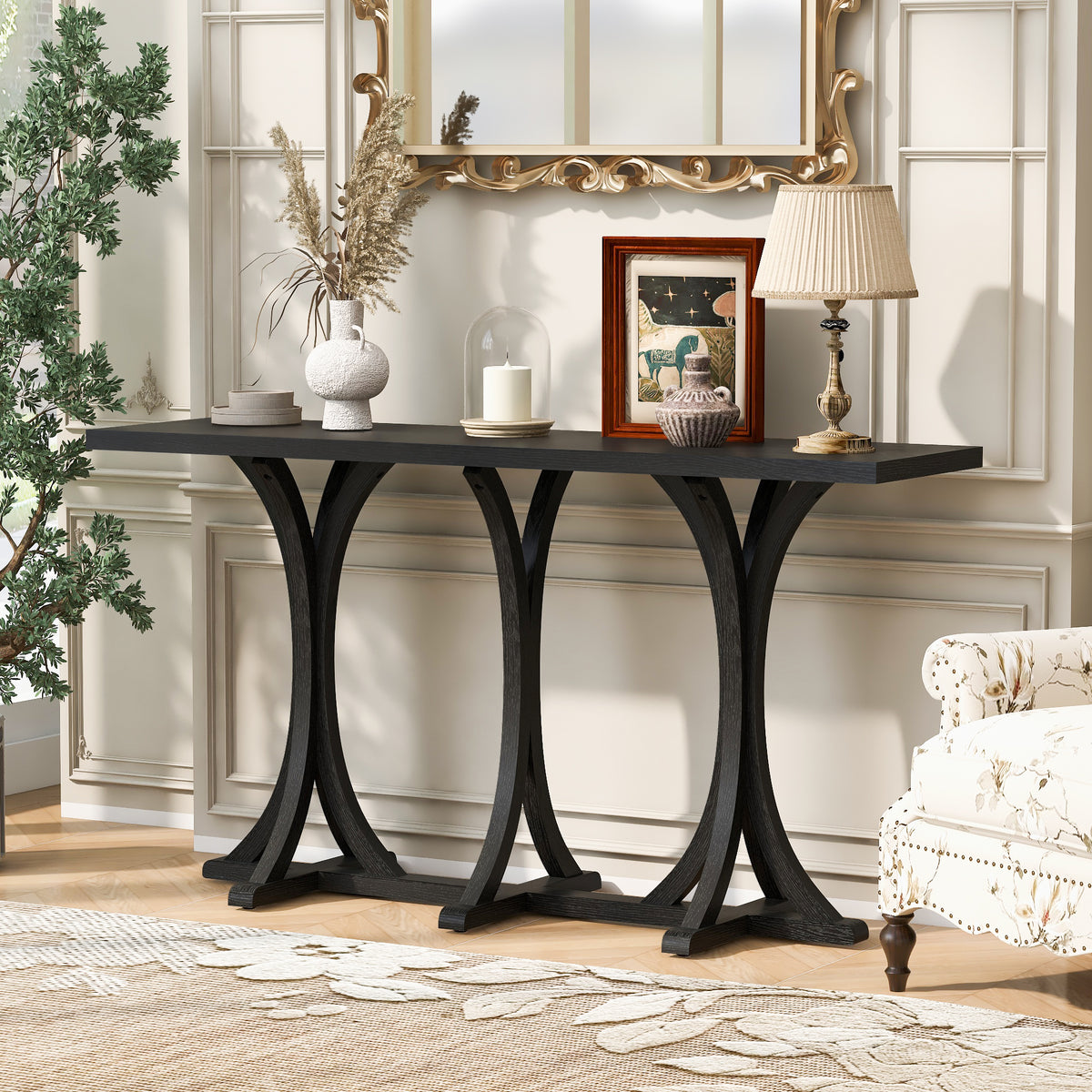 variant-group:rf-n711p295300b|Roomfitters 59.8" Console Table with Oak Veneer Top, Modern Arched Leg Entryway Sofa Table for Hallway & Living Room, Black