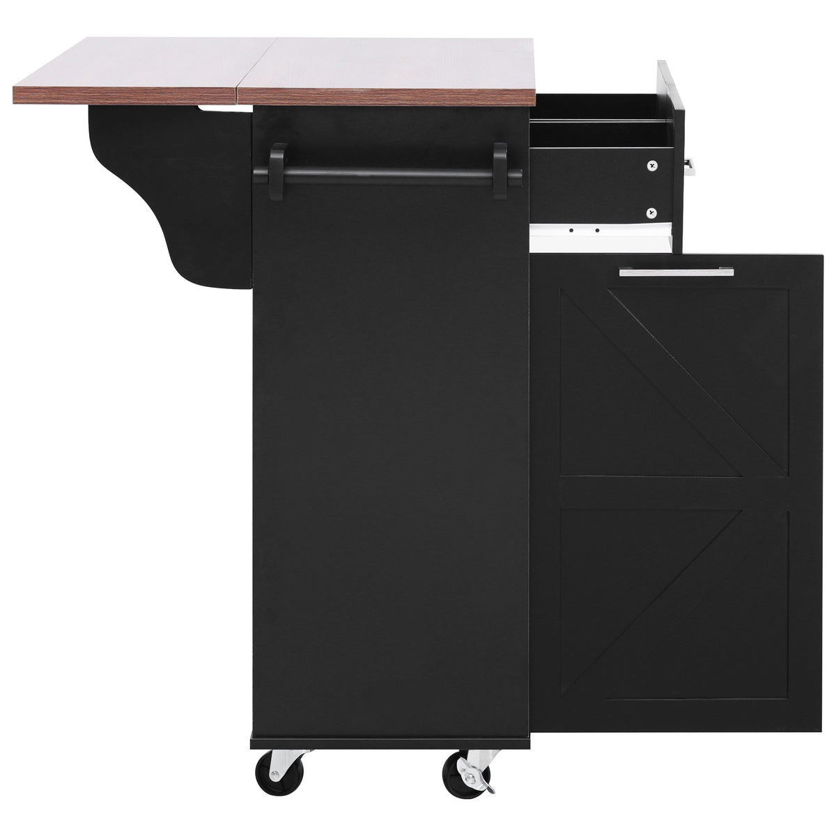 variant-group:rf-n707p307296b|Roomfitters 47.2" Farmhouse Kitchen Island with Drop Leaf, Tilt Trash Can Cabinet, Removable Mobile Side Racks, Black