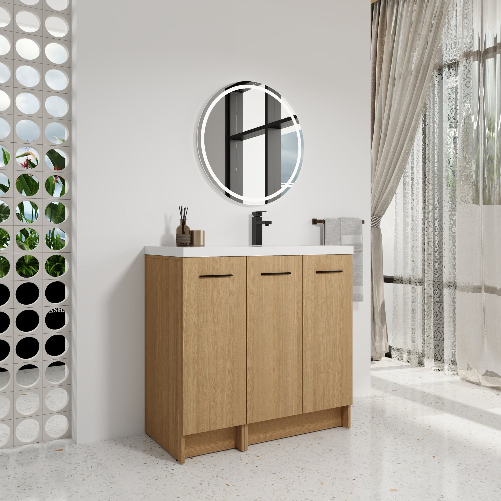 36" Modular Freestanding Bathroom Vanity with 36" Resin Sink Top, Light Oak, 2-Piece Cabinet (24" 2-Door + 12" 1-Door), KD Cabinet, Includes Black & Brushed Aluminum Handles Roomfitters