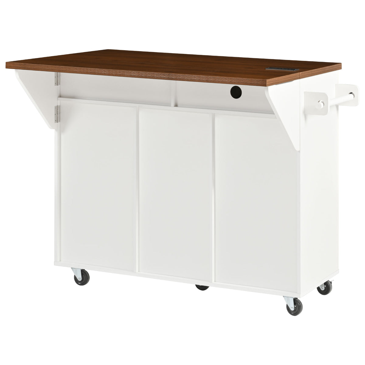 variant-group:rf-n707s000019w|Roomfitters 52" Fluted Kitchen Island with Drop Leaf, Power Outlet & Walnut Wood-Grain Top, White