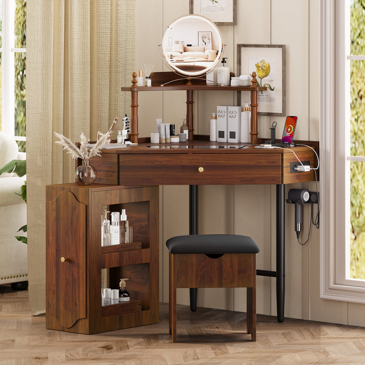 variant-group:rf-n733p336237d|Roomfitters Corner Vanity Desk Set with Stool, Charging Station, Glass Top, Drawer, Shelf, Pull-Out Cabinet, Walnut