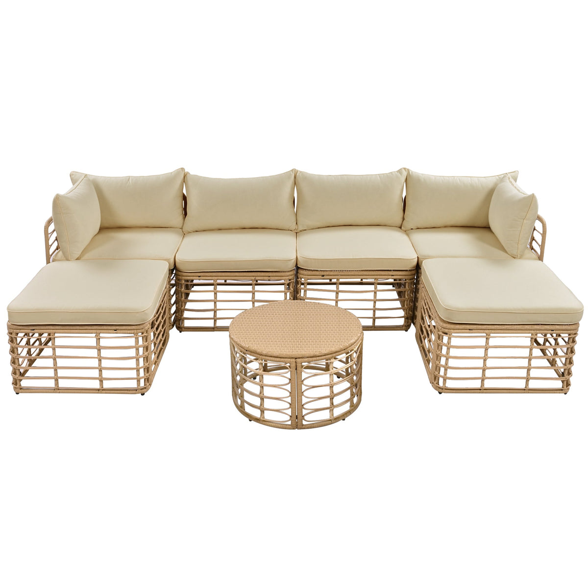 Roomfitters 7-Piece Contemporary Hollow-Woven Rattan Sectional Sofa Set with Round Coffee Table Brown Roomfitters