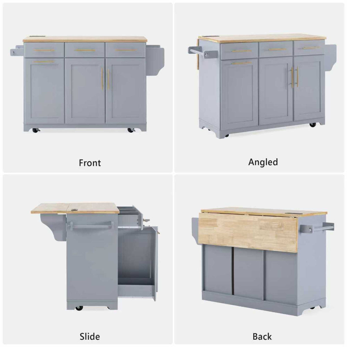 variant-group:rf-n707s299014g|Roomfitters 59.3" Kitchen Island with Power Outlet, Drop Leaf and Double Trash Can Pull Out, Rolling Cart, Grey+Blue