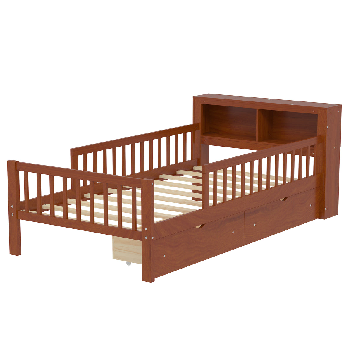 variant-group:rf-n733p272374d|Roomfitters Twin Bed with Headboard Storage Rack, Under-Bed Storage and Three-Side Guardrails, Walnut