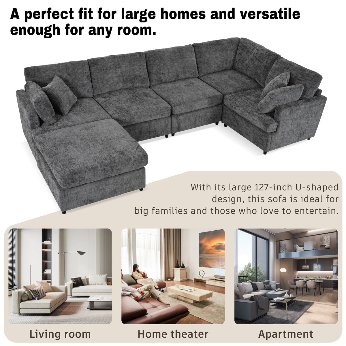 Roomfitters 127" U-Shaped Sectional Sofa, Modern Modular L-Shaped Couch with Movable Ottoman for Living Room, Grey Roomfitters
