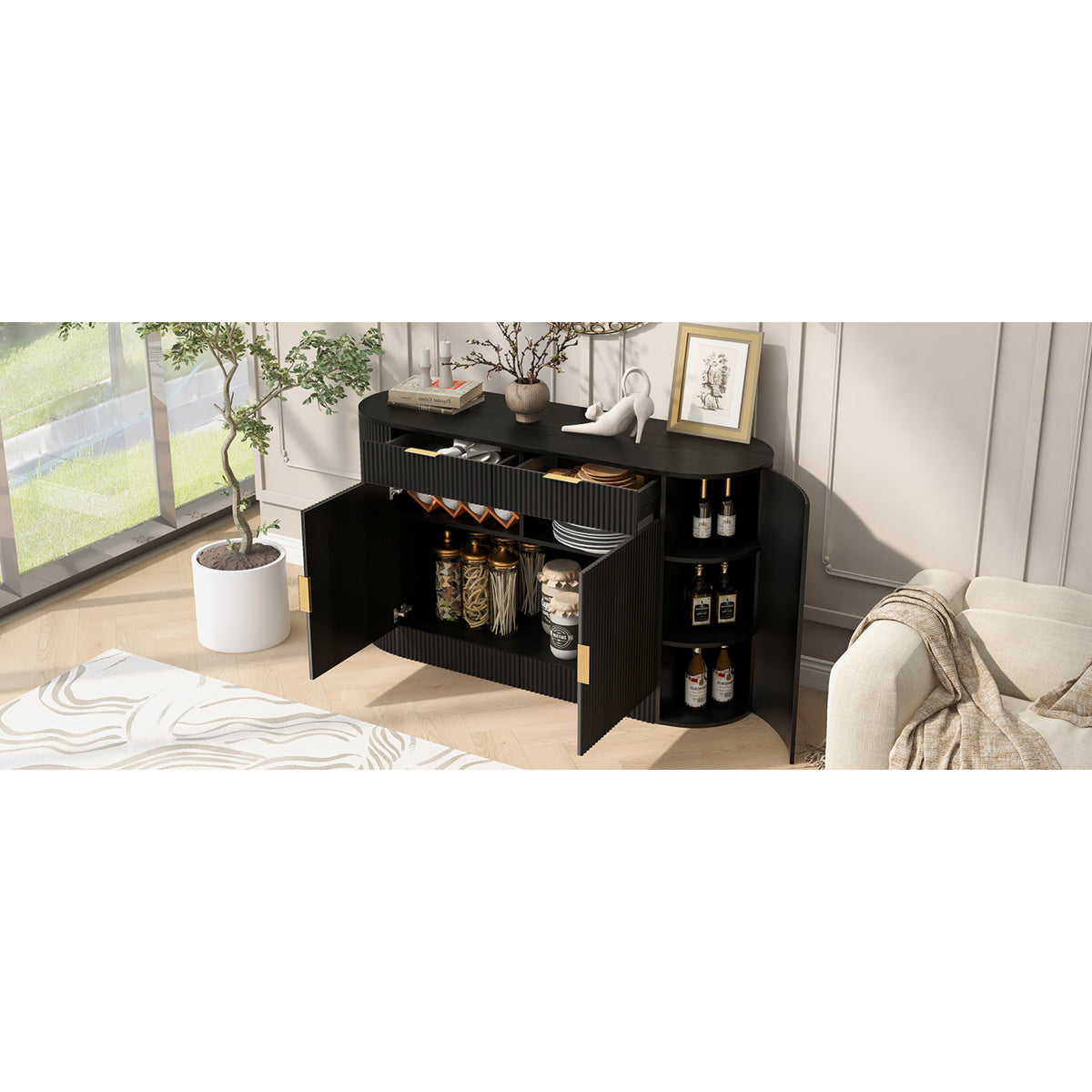 variant-group:rf-n711p345168b|Roomfitters 55.1" Oval Sideboard Buffet Cabinet with 2 Drawers & Wine Rack, Mid-century Modern Fluted Accent for Dining, Black
