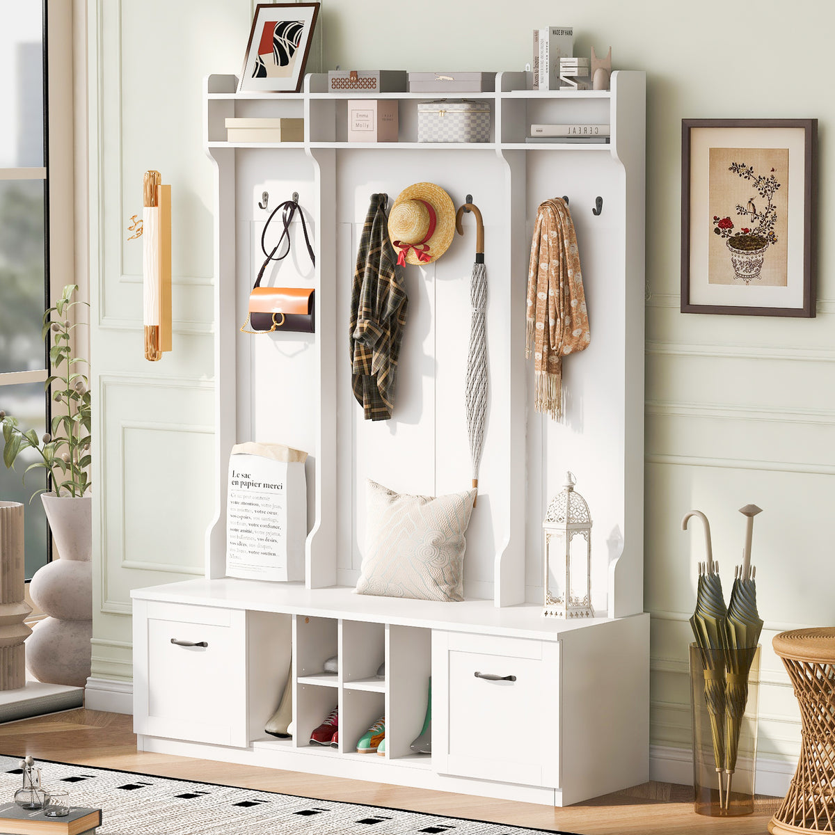 variant-group:rf-n724p235232k|Roomfitters 5-in-1 Entryway Bench with Coat Rack, Hooks, Drawers and Adjustable Shelves, Hall Tree for Hallway or Living Room, White