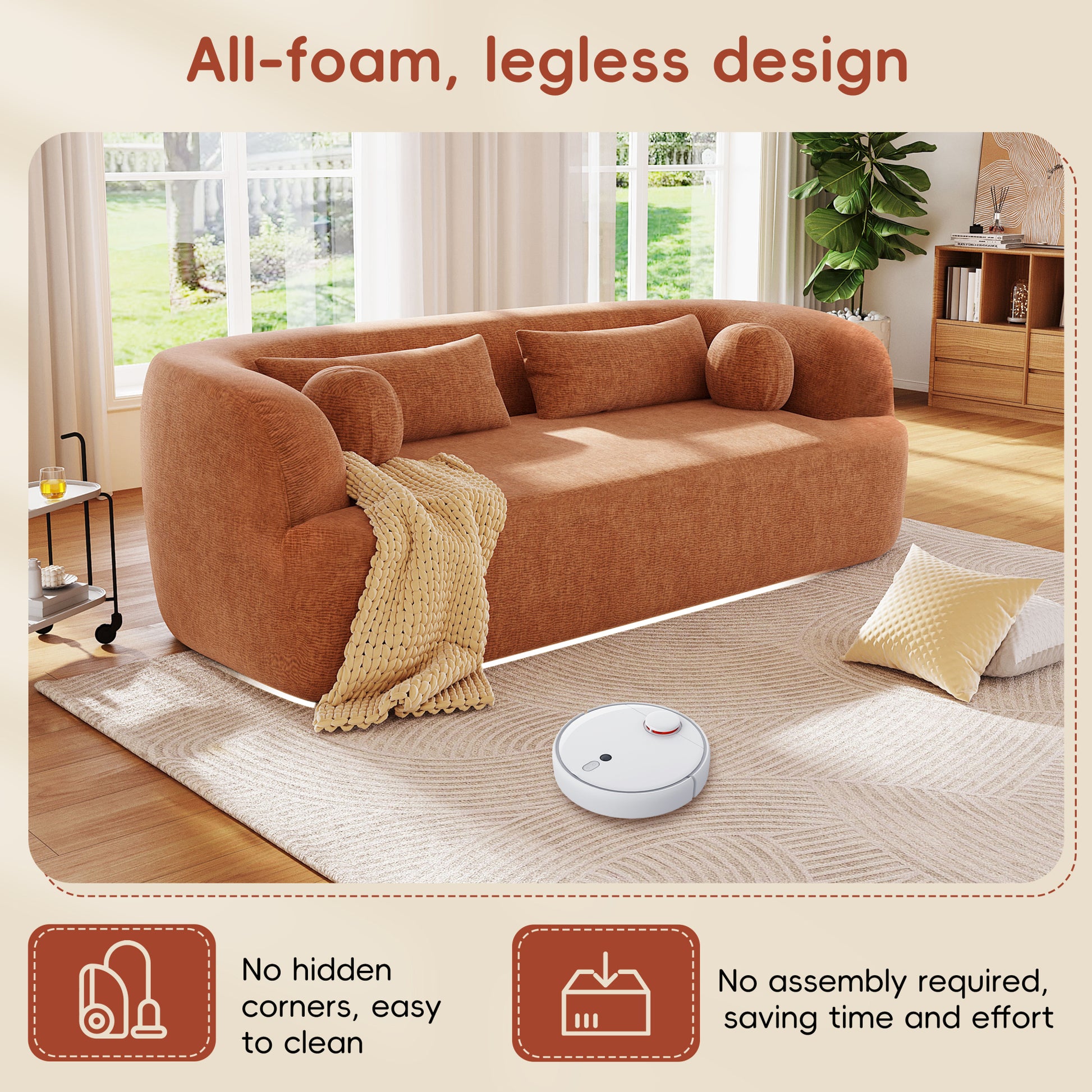 variant-group:rf-n723p404465g|Roomfitters 86 Inch Modern Curvy Sofa, 3-Seater Rounded Upholstered Couch with Plush Throw Pillows for Living Room, Orange