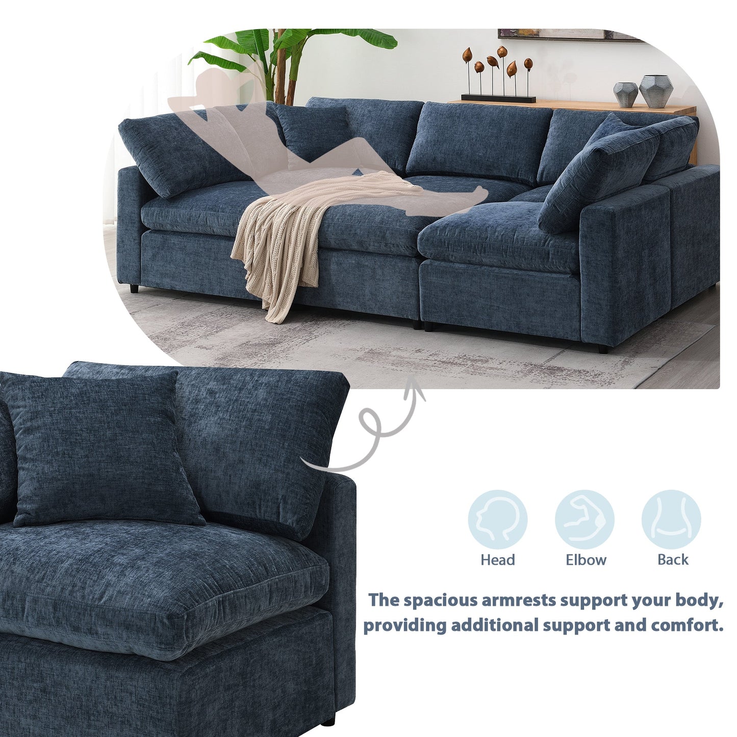 Roomfitters 130 Inch U-Shaped Modular Sectional Sofa Bed, Cloud Sleeper Couch with Plush Cushions for Living Room, Dark Blue Roomfitters