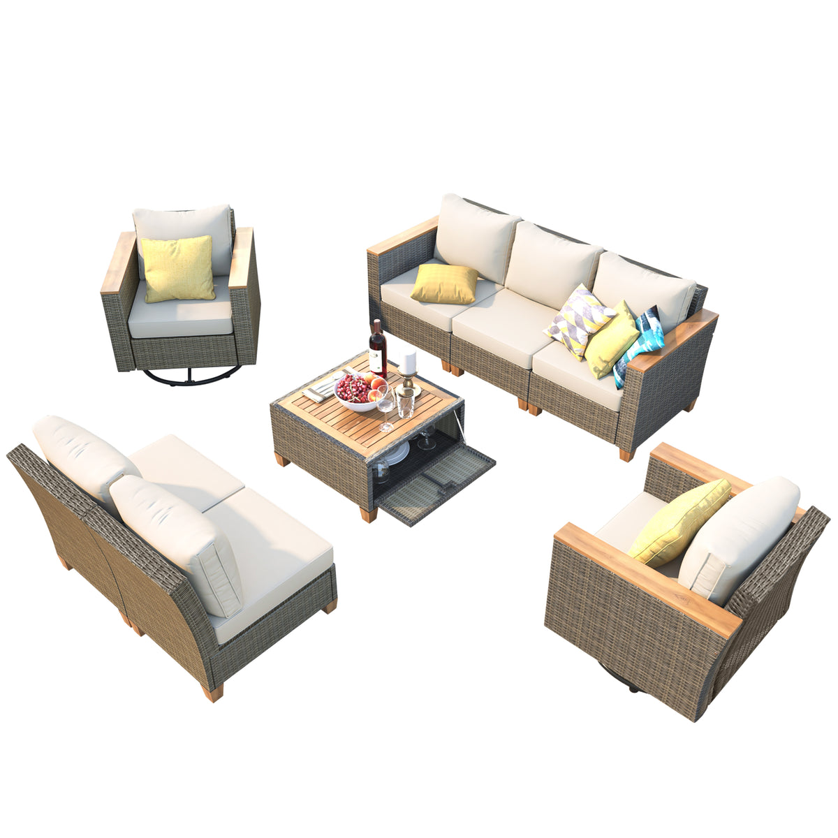 variant-group:rf-n707s005016z|Roomfitters 8-Piece Patio Furniture Set with 360 Swivel Rocker Chairs, Modular Outdoor Sectional Sofa & Table, Beige+Brown