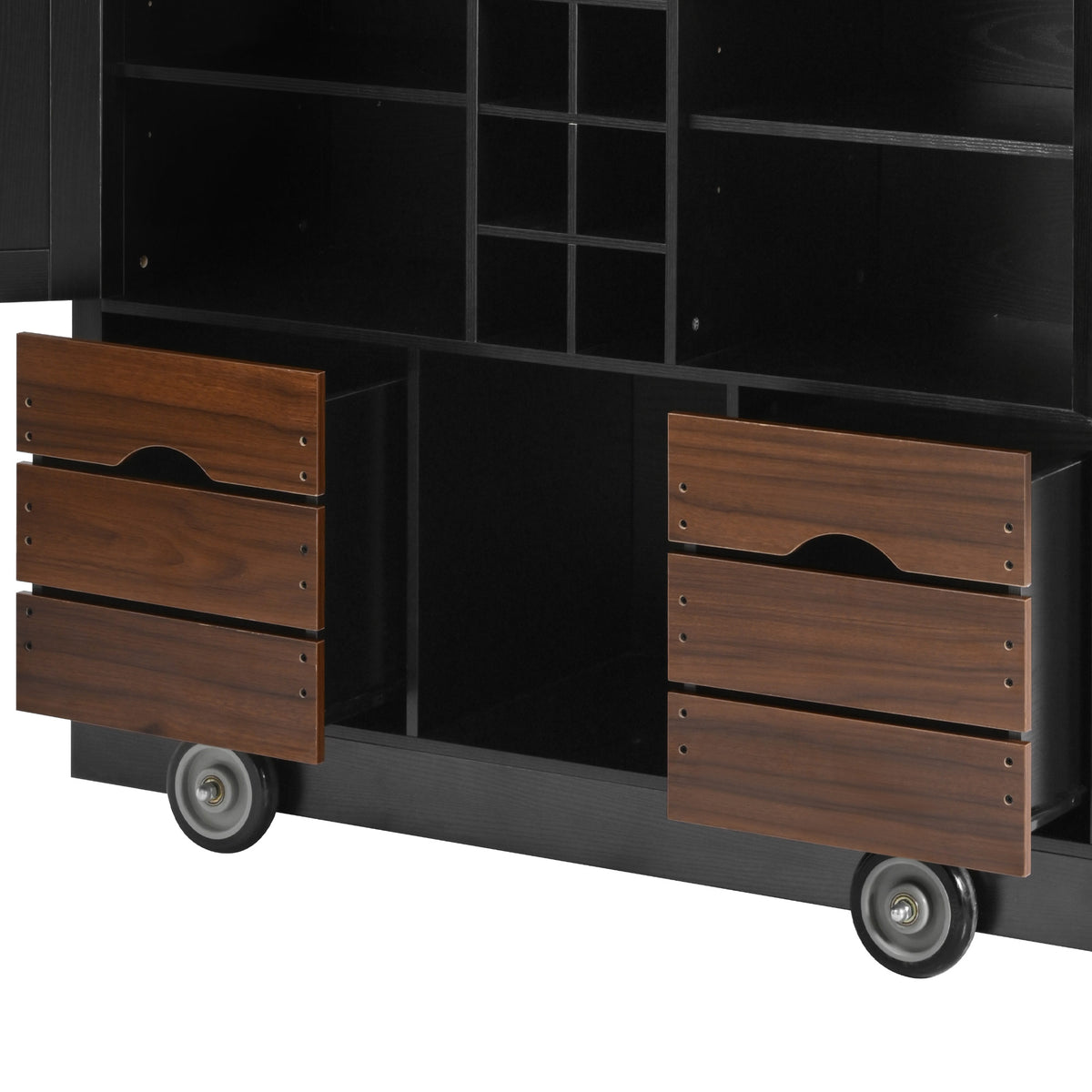 variant-group:rf-n707p349814b|Roomfitters 54" Farmhouse Kitchen Island with Drop Leaf, Power Outlet, Wine Rack, 2 Drawers, 2 Doors, Black