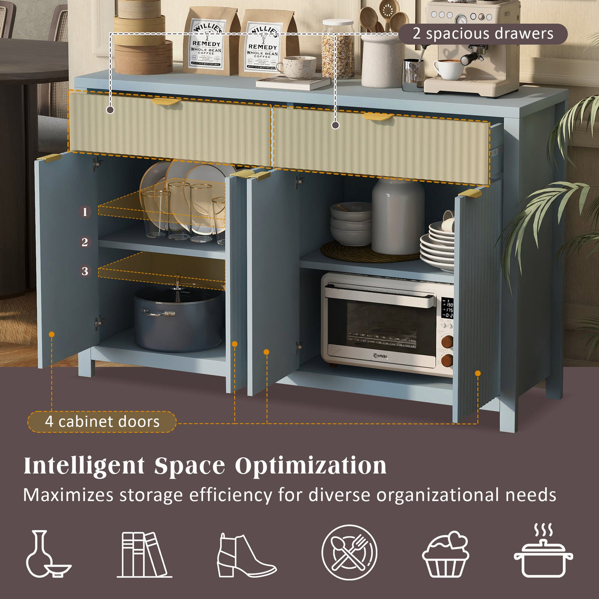 Roomfitters Sideboard Buffet Cabinet with 2 Drawers, 4 Door Mid-century Modern Fluted Storage for Kitchen & Dining Room, Cyan Roomfitters