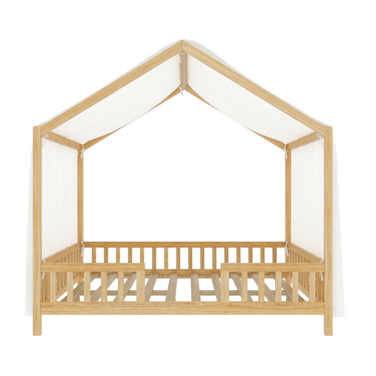 variant-group:rf-n733p356048m|Roomfitters Full Montessori Floor Bed with Canopy, House Shape Wood Frame with Safety Rails, Platform Bed, Natural