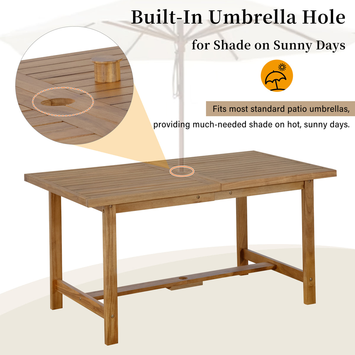 variant-group:rf-n711wy000477aao|Roomfitters Farmhouse 5-Piece Outdoor Dining Set for 4, 59-Inch Rectangular Table, Umbrella Hole, Natural Wood Patio
