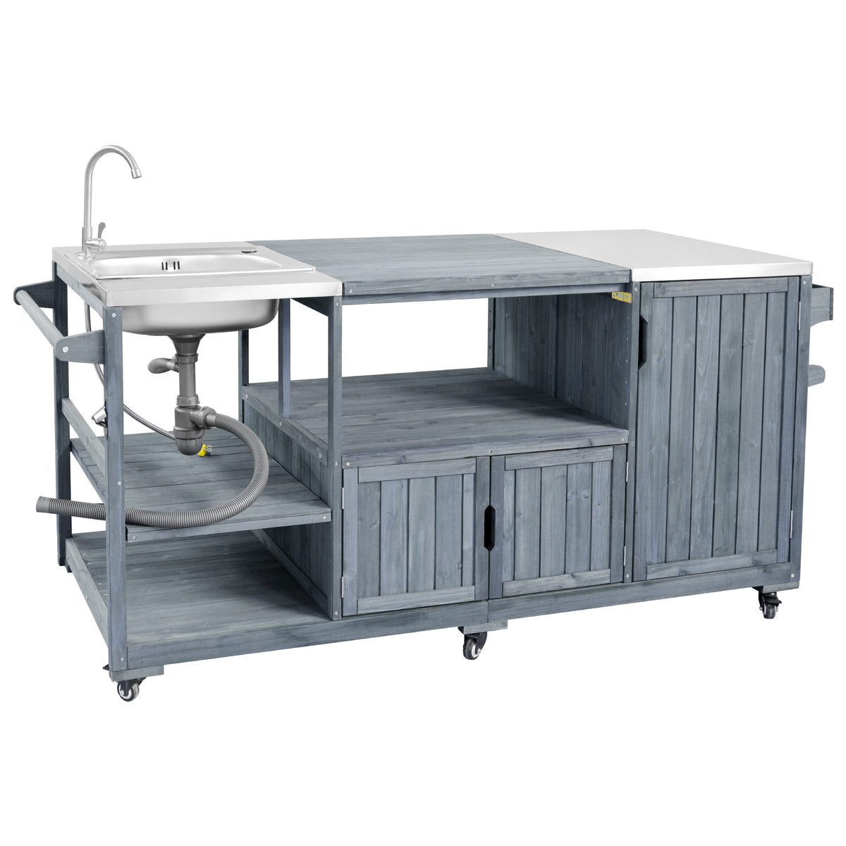 variant-group:rf-n707s000022g|Roomfitters 75.4" Outdoor Kitchen Island with Sink, Fir Wood Grill Cart for XL Green Egg & Tabletop Grills, Grey Blue