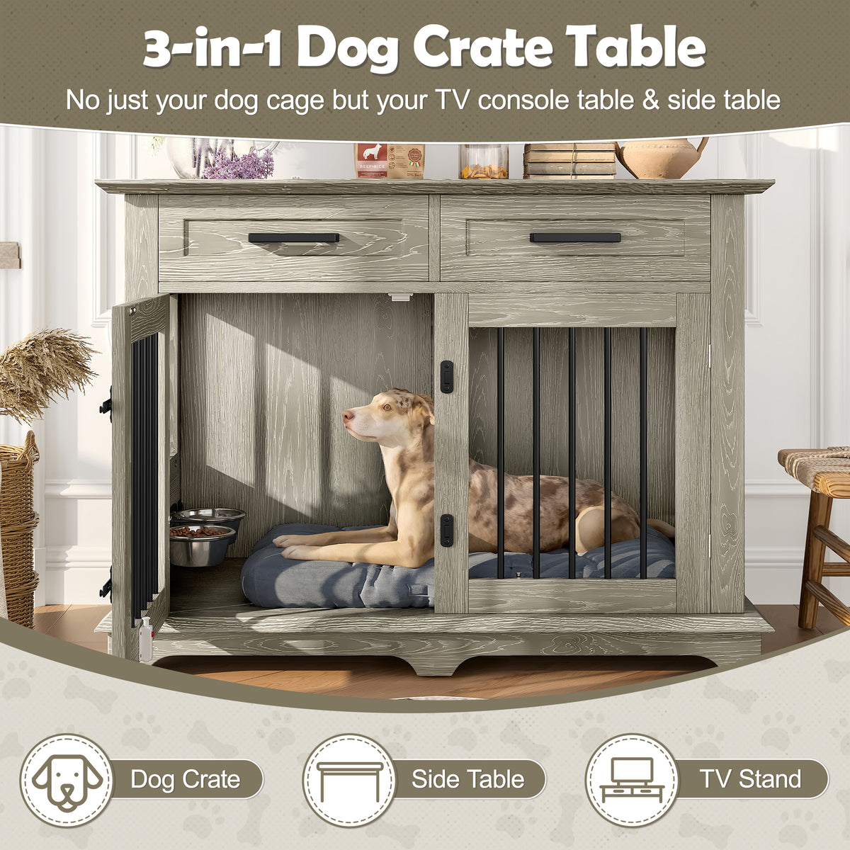variant-group:rf-n704p379112e|Roomfitters 44-Inch Decorative Dog Crate Furniture Indoor Wooden Kennel End Table with 360 Rotating Bowls Gray