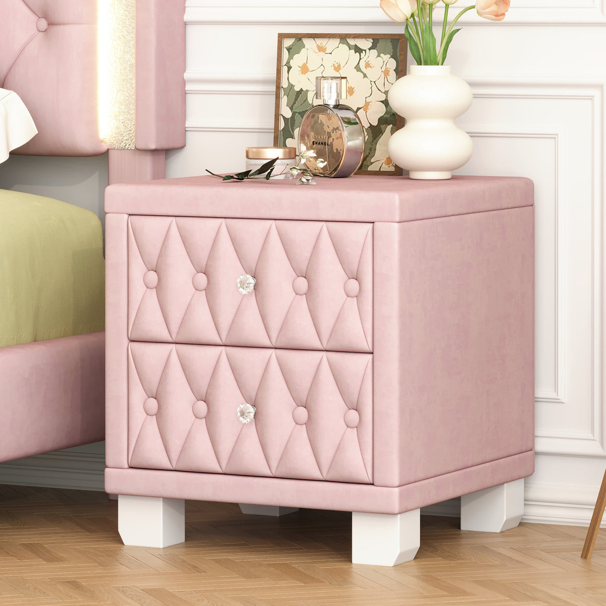 variant-group:rf-n733p210398h|Roomfitters Velvet Nightstand with Crystal Handles, Button-Tufted Upholstered Bedside Table with Two Storage Compartments, Pink