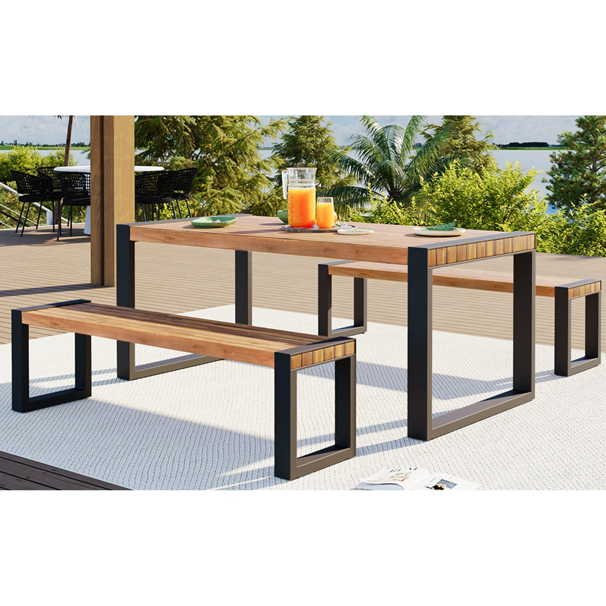 Roomfitters 3-Piece Outdoor Dining Set with Rectangular Table and 2 Benches, Industrial Patio Picnic Furniture, Acacia Wood Roomfitters