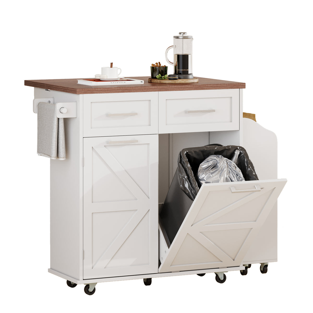 variant-group:rf-n707p307296w|Roomfitters 47.2" Farmhouse Kitchen Island with Drop Leaf, Tilt Trash Can Cabinet, Removable Mobile Side Racks, White