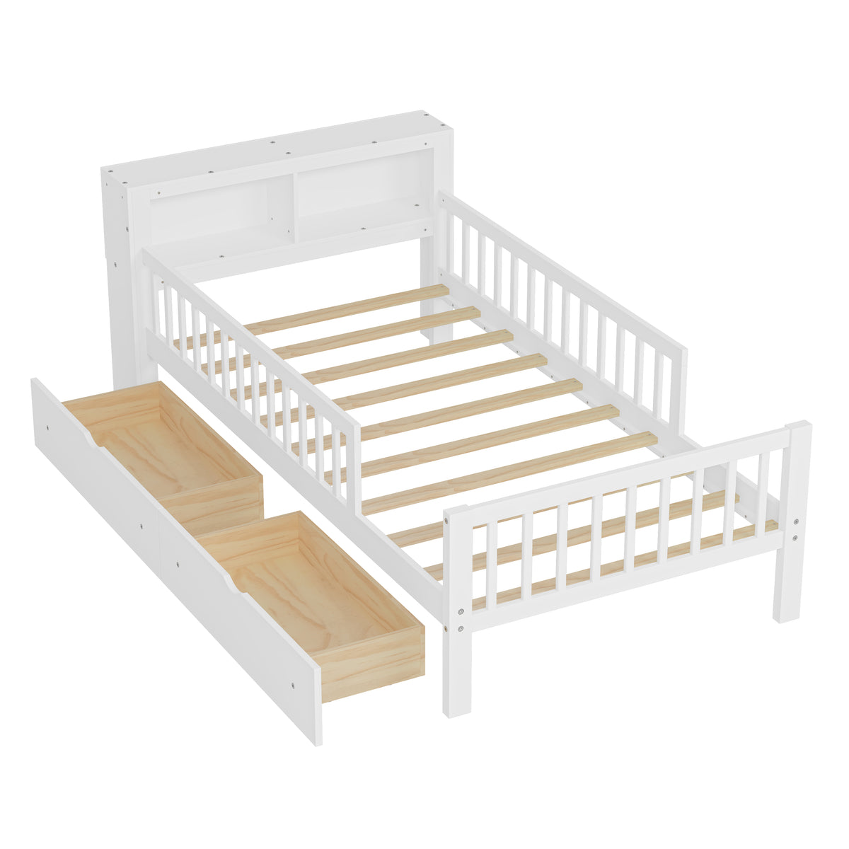 variant-group:rf-n733p272374k|Roomfitters Twin Bed with Headboard Storage Rack, Under-Bed Storage and Three-Side Guardrails, White