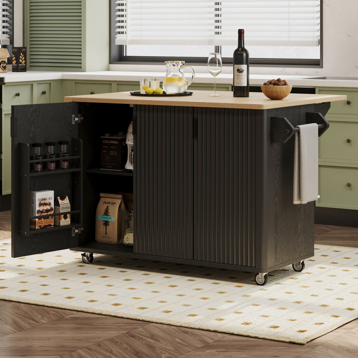 variant-group:rf-n707p221446b|Roomfitters 51" Fluted Kitchen Island with Drop Leaf, Rolling Cart with Storage Rack, Farmhouse Style, Towel Rack, Black