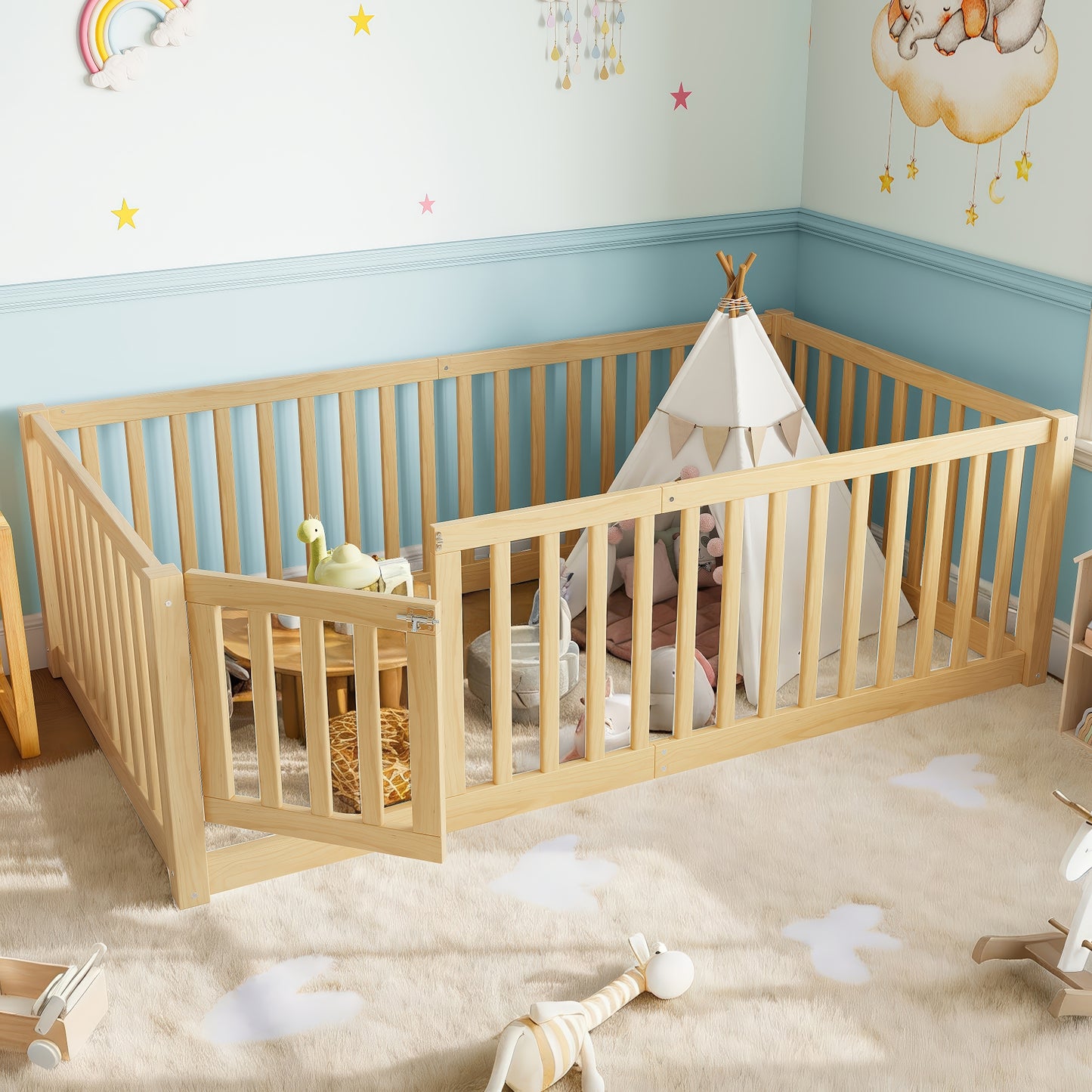 variant-group:rf-w1580p417669|Roomfitters Twin Size Wooden Floor Bed with Safety Guardrails Door, Solid Wood Low Profile Toddler Bed Frame, Natural