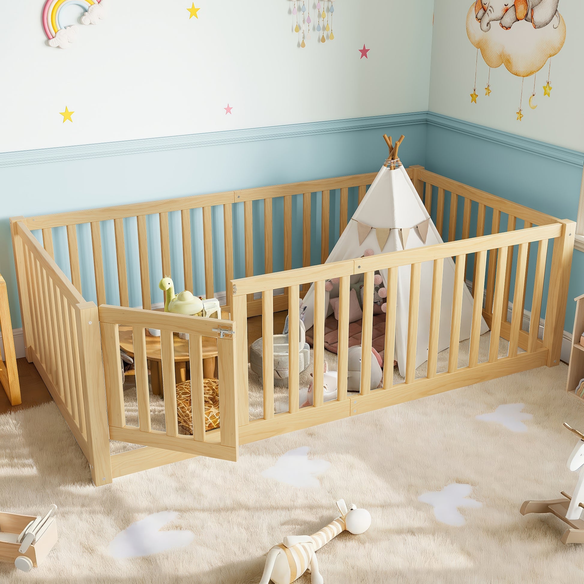 variant-group:rf-w1580p417669|Roomfitters Twin Size Wooden Floor Bed with Safety Guardrails Door, Solid Wood Low Profile Toddler Bed Frame, Natural