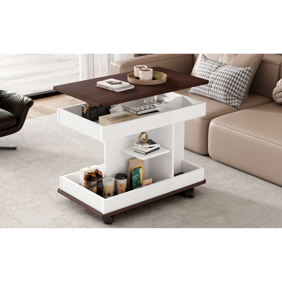 variant-group:rf-n724p292505k|Roomfitters Adjustable Sofa Side Table with Lift-Top, Rotating Surface and Storage on Wheels for Small Spaces, Brown