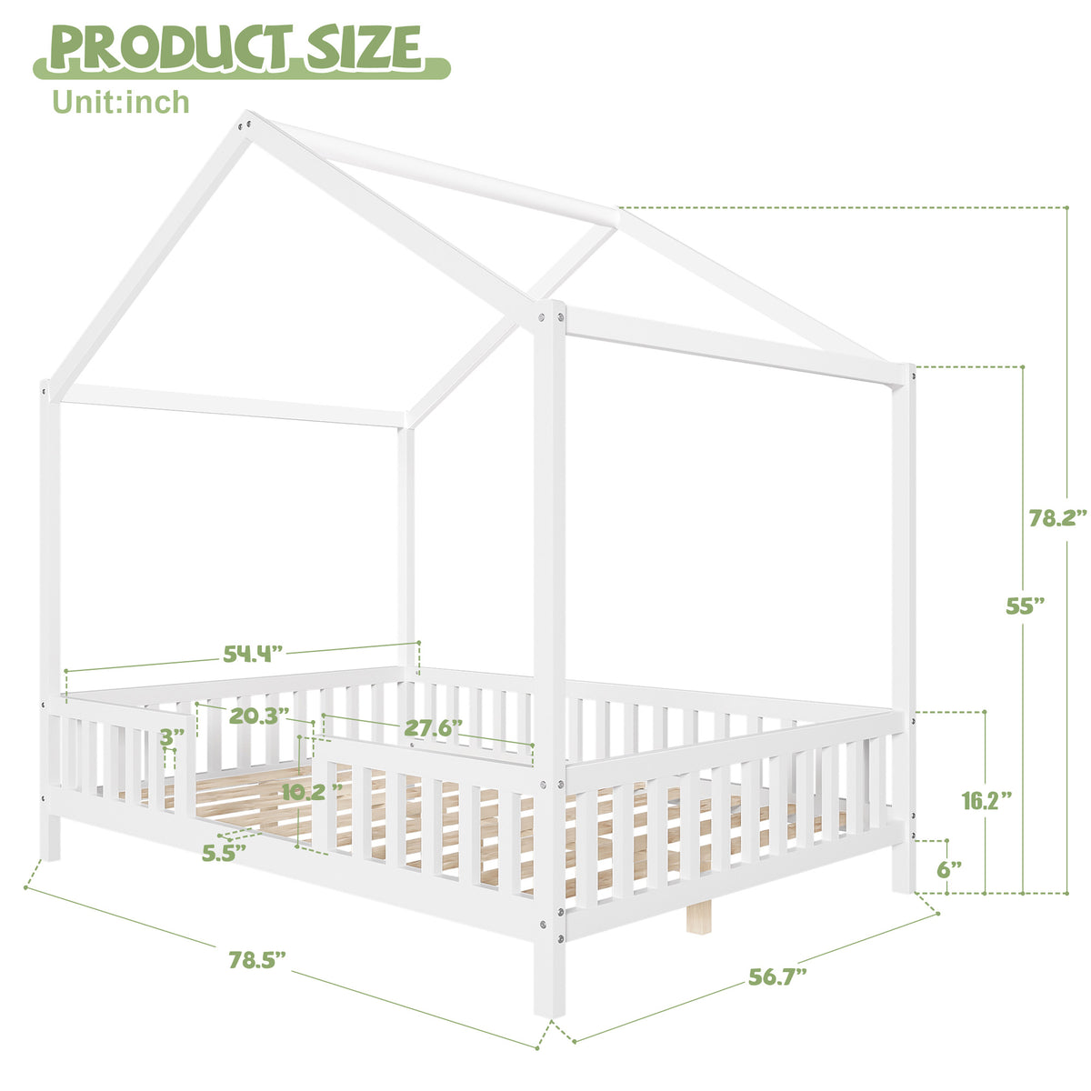 variant-group:rf-n733p356048k|Roomfitters Full Montessori Floor Bed with Canopy, House Shape Wood Frame with Safety Rails, Platform Bed, White