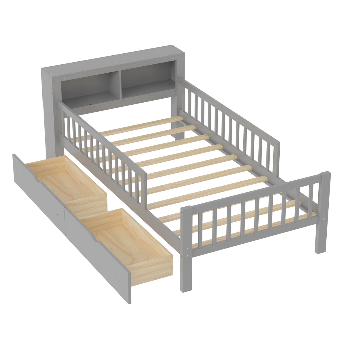 variant-group:rf-n733p272374e|Roomfitters Twin Bed with Headboard Storage Rack, Under-Bed Storage and Three-Side Guardrails, Gray