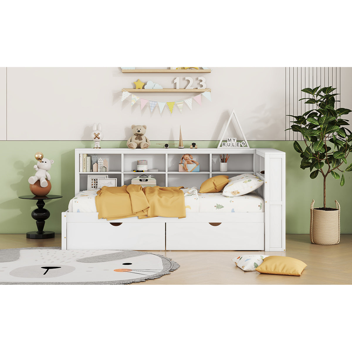 variant-group:rf-n733s347768k|Roomfitters Wooden Twin Daybed with Underbed Storage, Built-In Shelf & USB Charging Ports, White