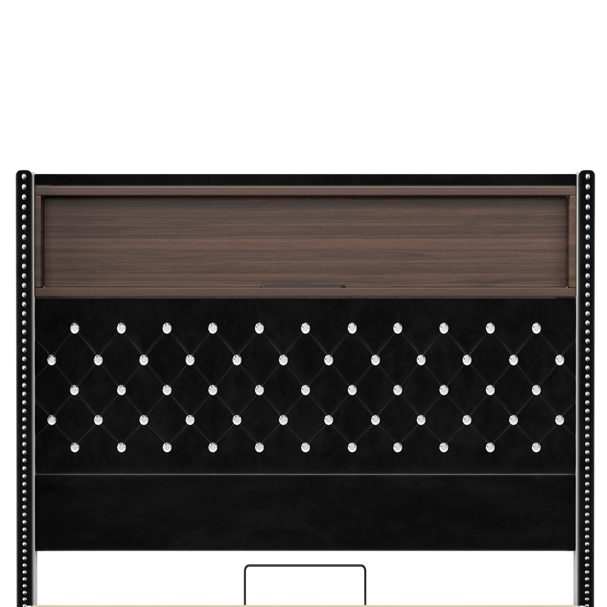 variant-group:rf-n733p368653b|Roomfitters Full Velvet Tufted Platform Bed with Charging Ports, Tall Wingback Headboard with Rivet Trim and Shelf, Black