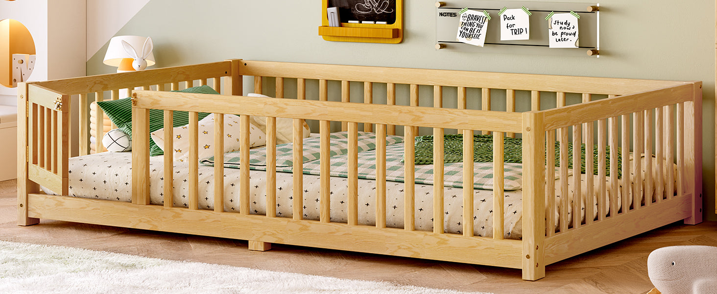 variant-group:rf-w1580p338952|Roomfitters Wooden Full Floor Bed Frame with Door & Safety Guardrails, Low Platform Design for Bedroom or Playroom, Natural
